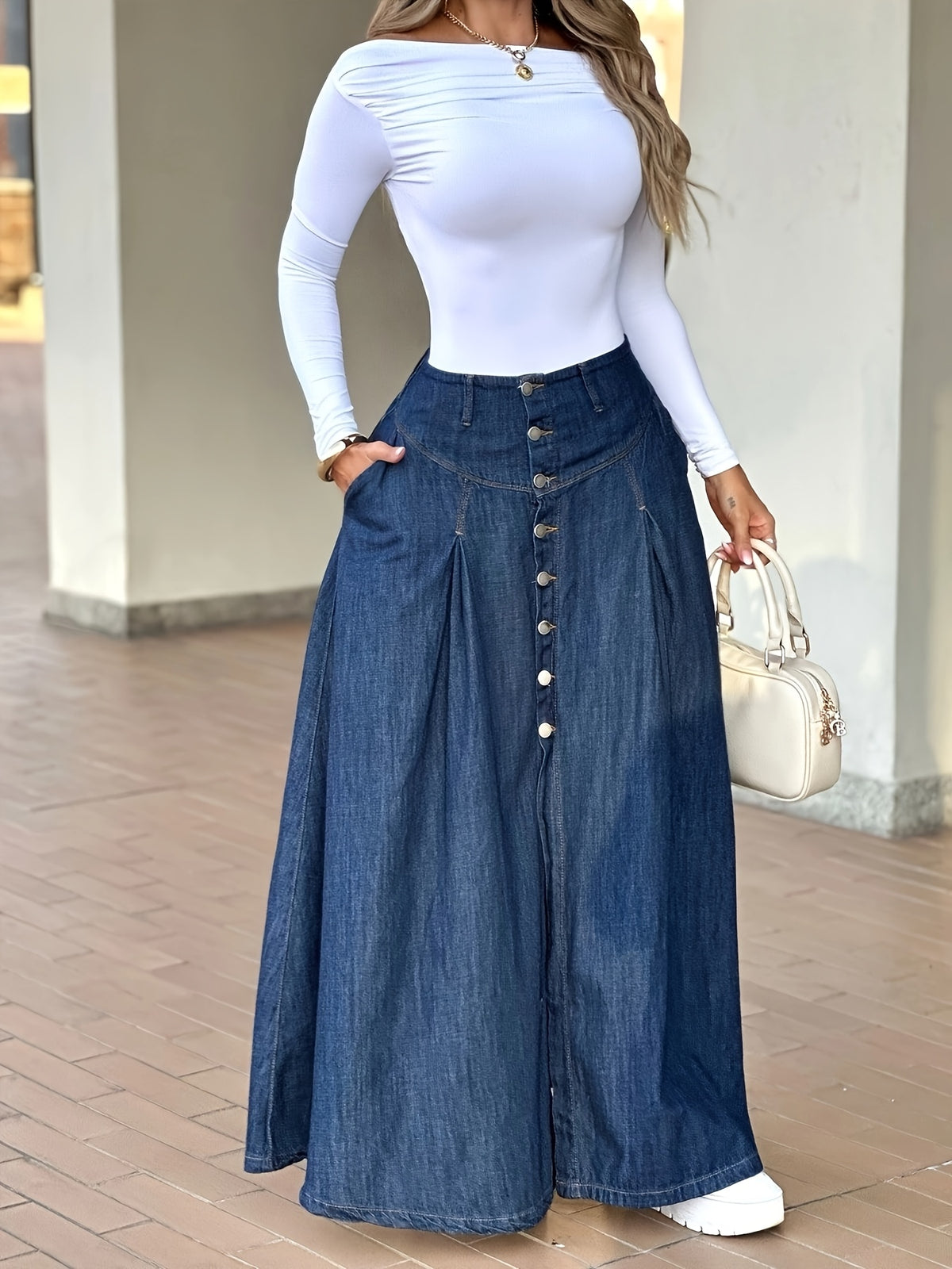 New Spring/Summer High-Waist Button-Front Slit Maxi Skirt, and Versatile Half-Length Dress - Blue