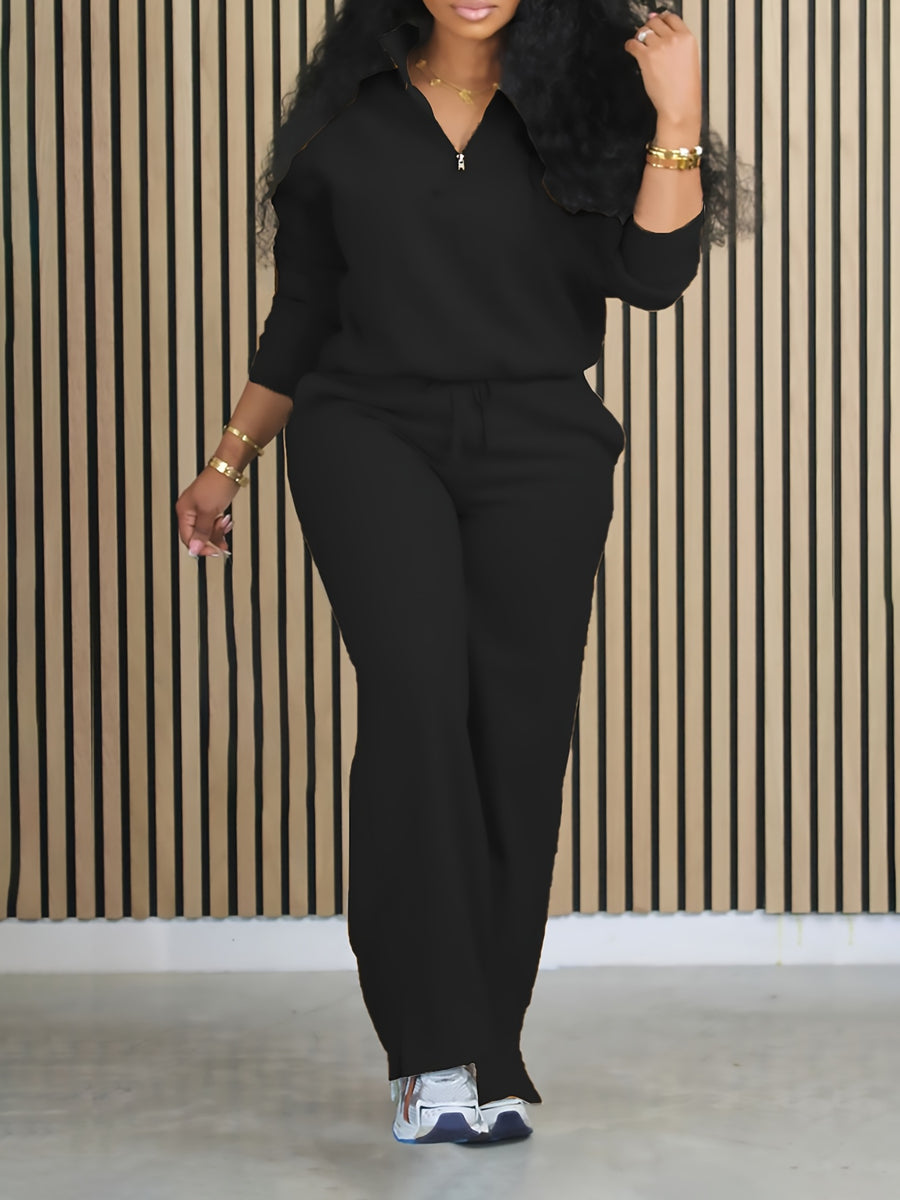Women'S Solid Color Two-Piece Casual Long Sleeve Front Zipper Hoodie with Drawstring Straight Leg Pants Outfit - Black