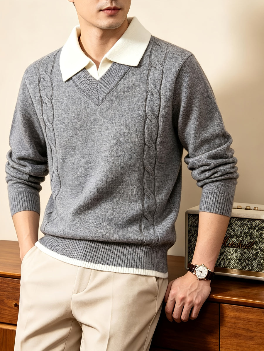Men'S Faux Two-Piece Polo Collar Cable Knit Sweater, Slim Fit Micro Loose Style, Non-Tight, Suitable for Commute And Casual Wear - SINBOS - Grey