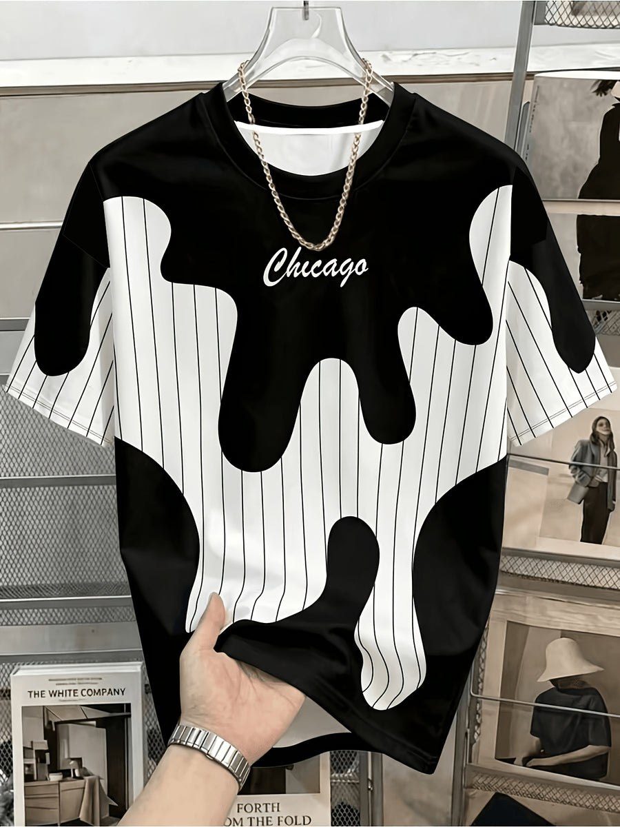 Men's Chicago-Themed T-Shirt with Iconic Chicago Lettering Print & Color-Block Stripe Design - Breathable Crewneck Short Sleeve Top, Machine Washable Durable Suitable for Teens & Adults, Casual Streetwear Gift Apparel for Chicago Outfits - Mixed Color 1