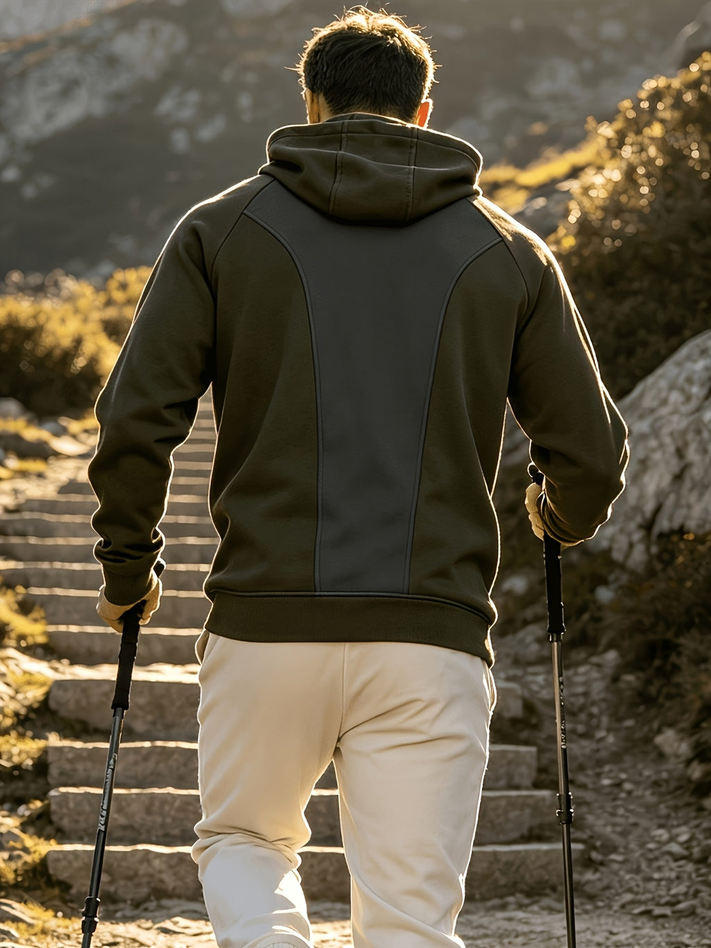 Heavyweight Autumn/Winter Men's Outdoor Sports & Fitness Spliced Hooded Loose Fit Inverted Triangle Sweatshirt - Military Green