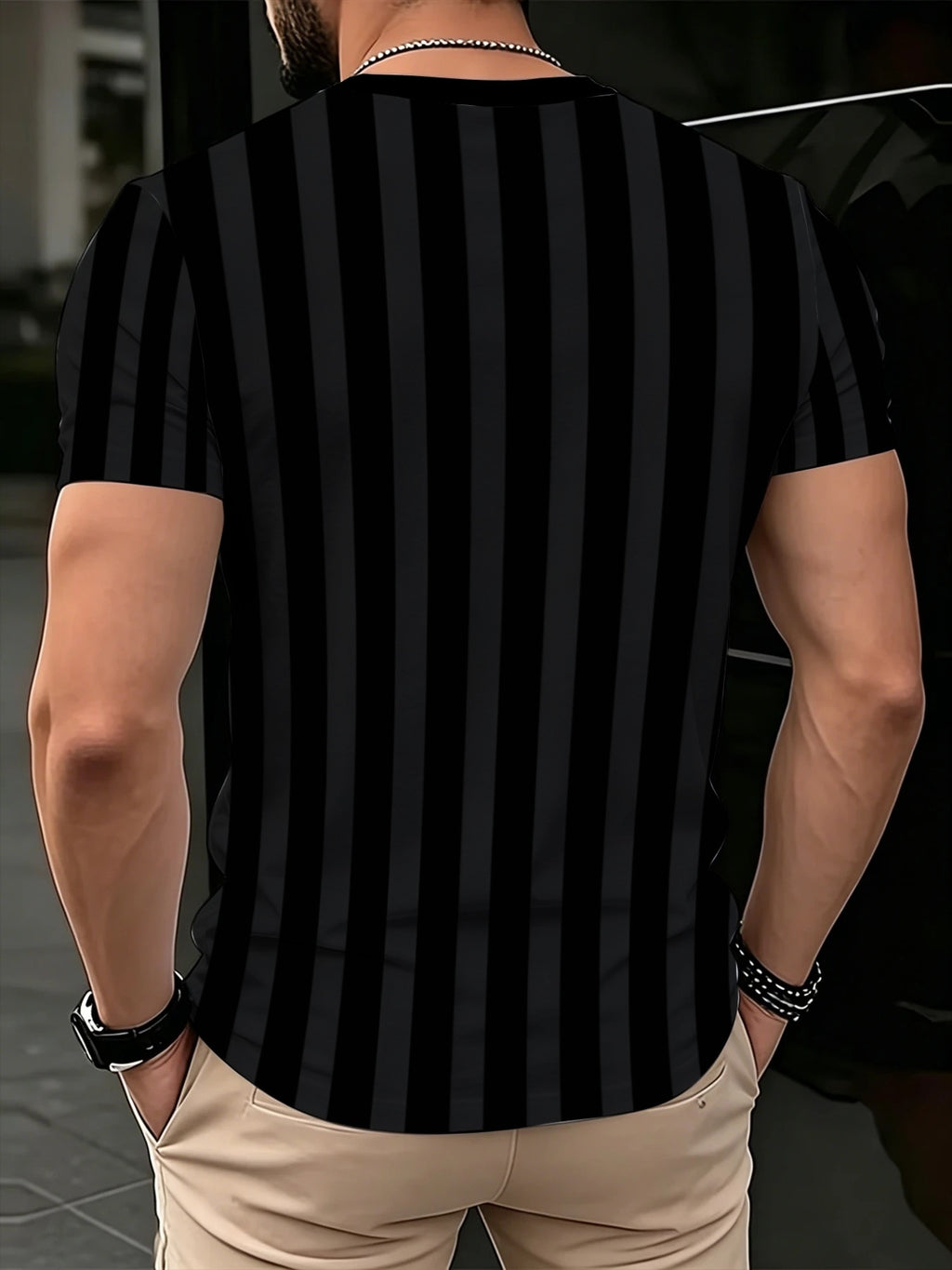 [Print Design-Not Textured] Men'S V-Neck Short Sleeve T-Shirt, Fashion Black Vertical Stripe Slim Fit Casual Commuter Top - Print V-Neck T-Shirt - Mixed colors