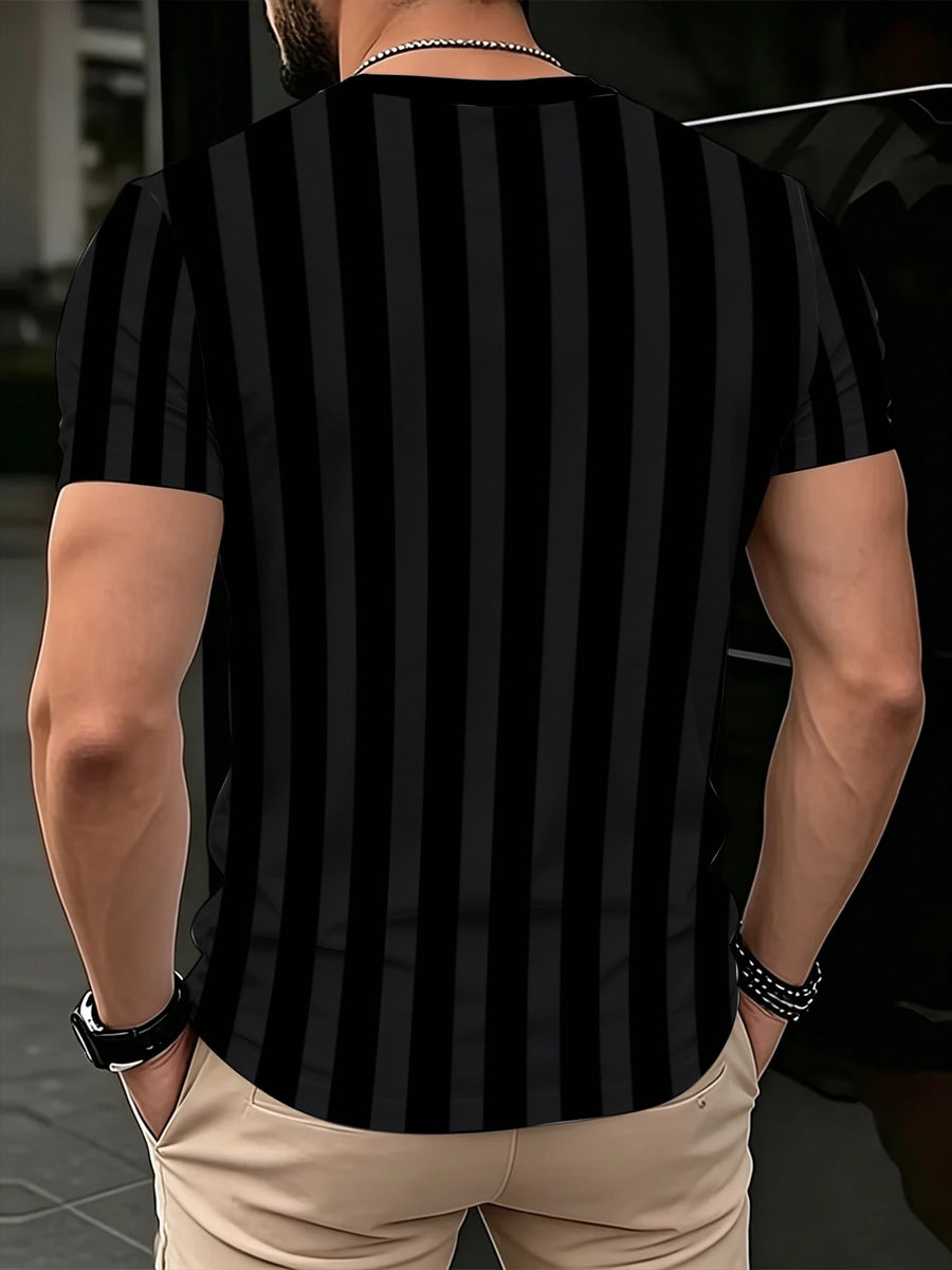 [Print Design-Not Textured] Men'S V-Neck Short Sleeve T-Shirt, Fashion Black Vertical Stripe Slim Fit Casual Commuter Top - Print V-Neck T-Shirt - Mixed colors