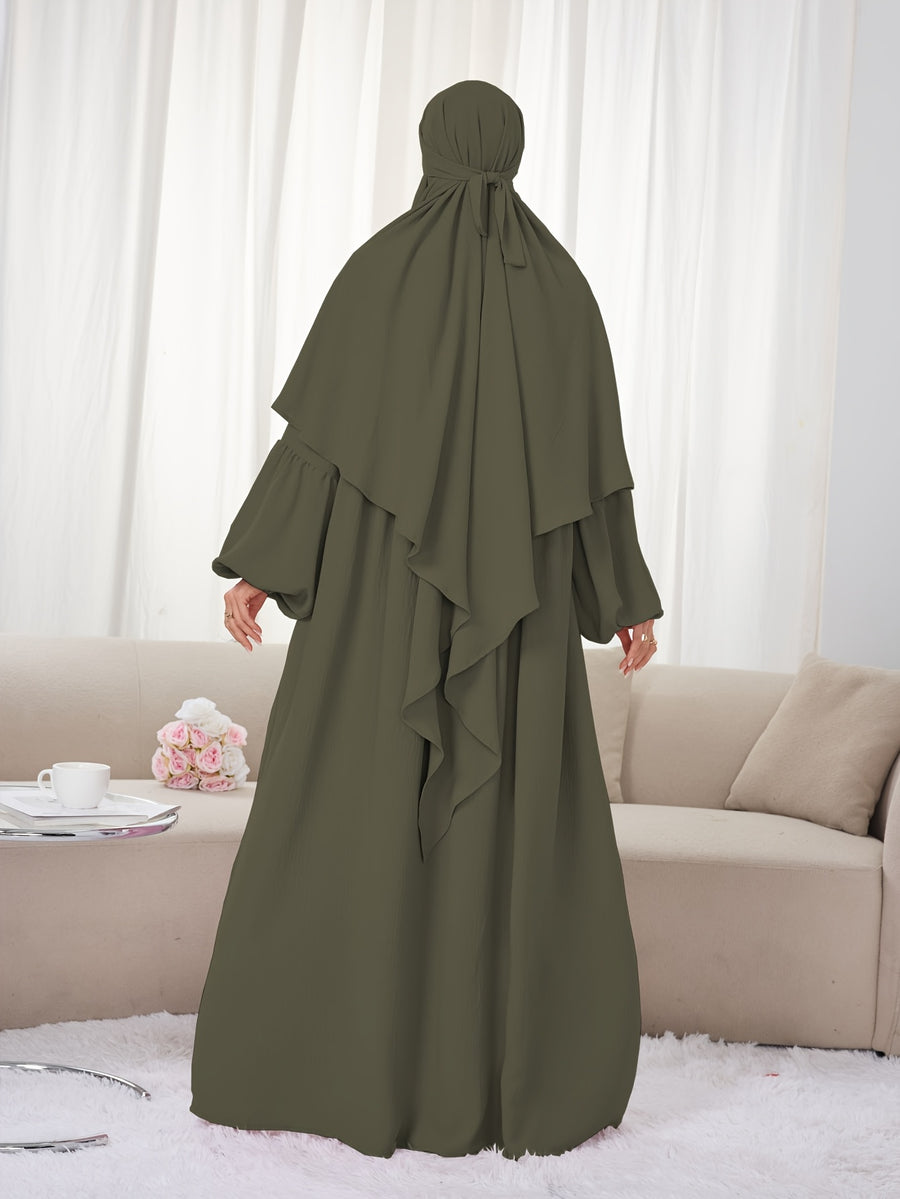 2pcs Set (Khimar And Abaya) Solid Color Muslim Prayer Outfit, Convenient Pullover Style with Lantern Sleeves And Waist Pleats, Paired with Matching Plain Headscarf Hijabs, Essential for Casual Outings, Fashionable Item Prayer Jilbab - Military Green