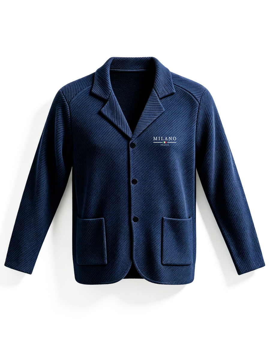 Men'S Spring Autumn New Print High-Grammage Pinstripe Texture Fabric Blazer Collar Cardigan Single Button Double Pocket Business Casual All-Match Long Sleeve Jacket, Knit Soft Comfortable Fashion Solid Color Outerwear Suitable for Daily Outings - Navy Color