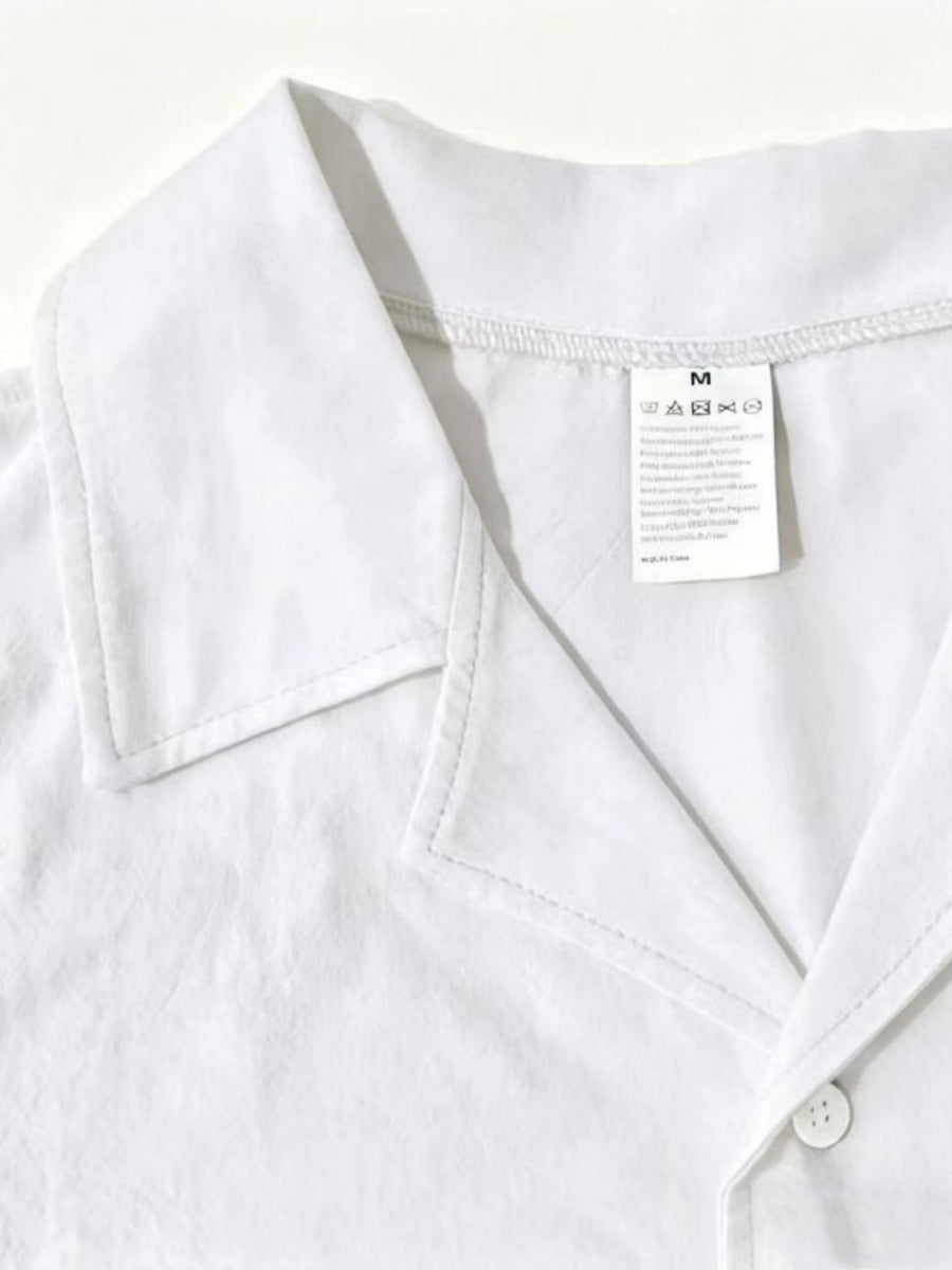 Old Money Style Men's Cuban Collar Short Sleeve Shirt, Linen Texture, Lightweight and Breathable Outdoor Casual Shirt - White