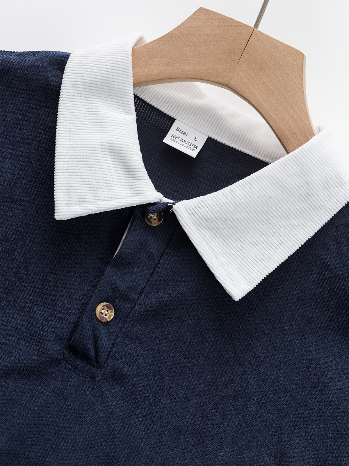 Men's Color-Block Spliced Long-Sleeve Polo Shirt Two-pc, Vertical Stripe Texture, Letter Print Lapel Top, Spring/Autumn Business Casual Versatile 2pcs Men's Sweatshirt Set - Navy + Navy