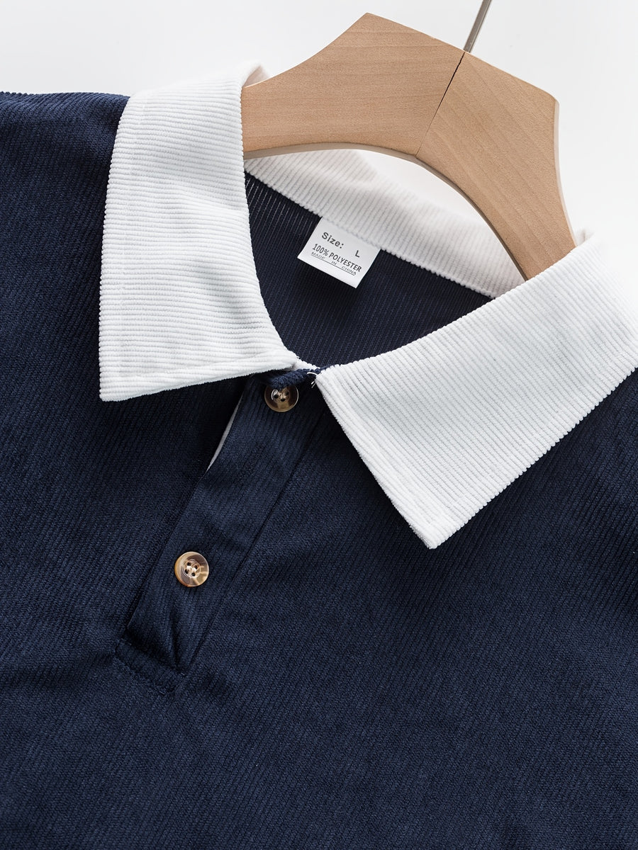 Men's Color-Block Spliced Long-Sleeve Polo Shirt Two-pc, Vertical Stripe Texture, Letter Print Lapel Top, Spring/Autumn Business Casual Versatile 2pcs Men's Sweatshirt Set - Navy + Navy