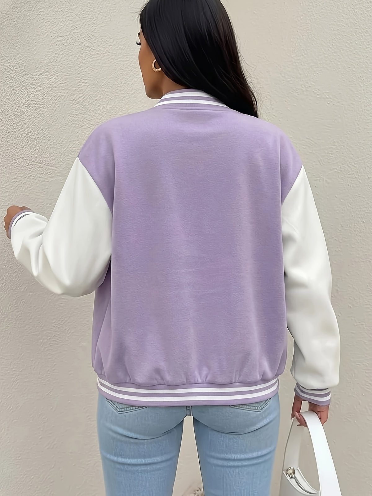 Women'S Black And White Contrast Baseball Jacket, A Letter Pattern Printed Jacket - Purple With White