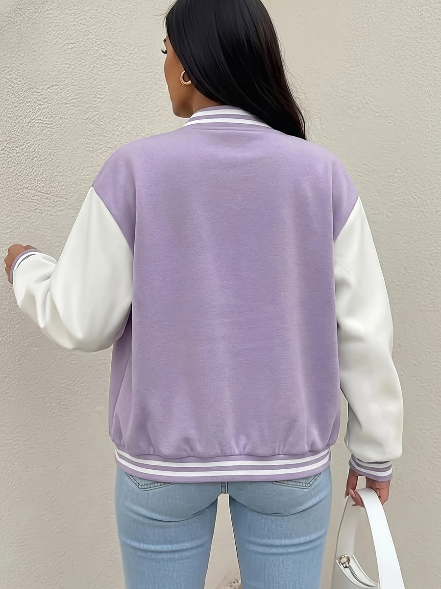 Women'S Black And White Contrast Baseball Jacket, A Letter Pattern Printed Jacket - Purple With White