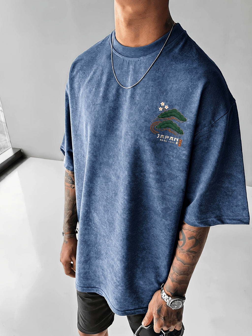 Printed Design - Not Textured: Tang Yunshu American Sporty Style Trendy Men's Japanese National Chic Printed Short Sleeve Shirt, Distressed Washed Finish + Exquisite Crane and Pine Tree Pattern, Crisp Wrinkle-Resistant and Wear-Resistant Fabric - Sky Blue