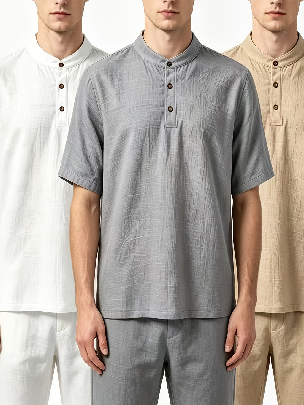 2026 New American Three-Piece Linen Stand-Up Collar Buckle Short Sleeve Summer Leisure Sports Business Home Trendy Brand Thin Breathable Versatile Henley Shirt - White+Gray+Khaki