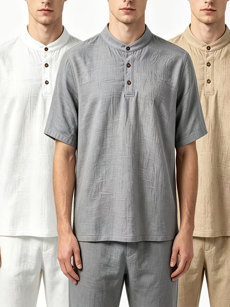 2026 New American Three-Piece Linen Stand-Up Collar Buckle Short Sleeve Summer Leisure Sports Business Home Trendy Brand Thin Breathable Versatile Henley Shirt - White+Gray+Khaki