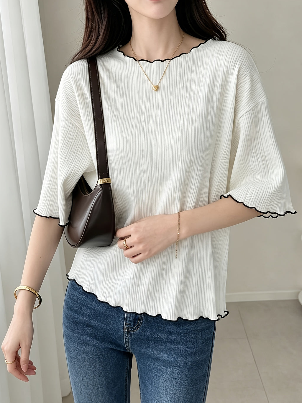 Women's French Ruffle Top - Spring Summer Stretchy High-Elasticity Ruffle Trim Shirt, Solid Color Non-Sheer Machine Washable Suitable for Daily Commute, Office & Casual Wear, French Style Wardrobe Essential - White