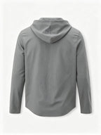 Men's Fashion Hoodie, Linen Long Sleeve Hooded Top Shirt, Henley Shirt, Linen Texture Hooded Henley Long Sleeve Shirt for Men, Half-Zip Wood Button Drawstring Hoodie, Vacation Style Loose Fit with Roll-Up Sleeves, Casual Top, 2pcs Set - Light White+Grey