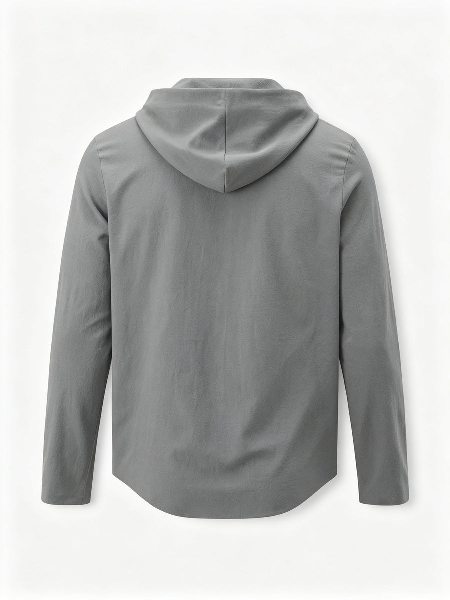 Men'S Fashion Hoodie Linen Long Sleeve Hooded Top Shirt Henley Shirt Linen Texture Hooded Henley Long Sleeve Shirt Men'S Half Button Wooden Button Drawstring Hoodie Vacation Style Loose Roll-Up Sleeve Casual Top 3pcs Set - Grey*3