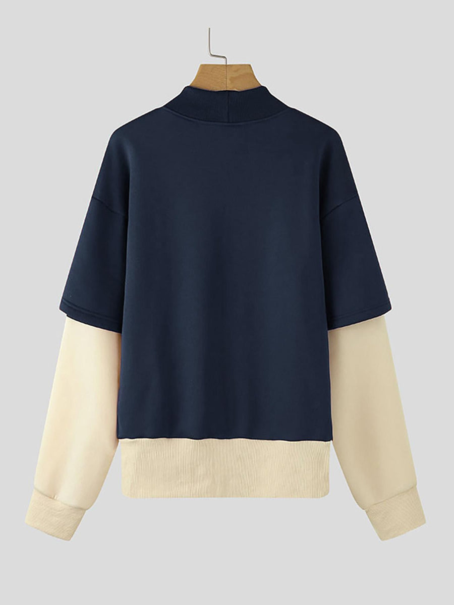 Men'S Lightweight Casual Pullover with Color Block Patchwork, Featuring Long Sleeves And a Crew Neck, Perfect for Daily Street Wear - Navy Color