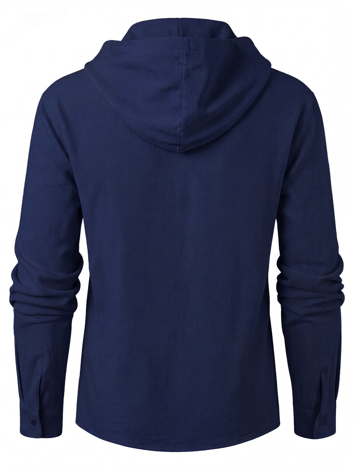 Men's Minimalist Textured Linen Long-Sleeve Hooded Top with "MILANO ITALY" Letter Print on the Front Chest for a Memorable Touch, Cross-Tie V-Neck for a Unique Style, Hooded Long Sleeves with an Arc-Shaped Hem, Suitable for Travel and Beach Strolls - Navy Color