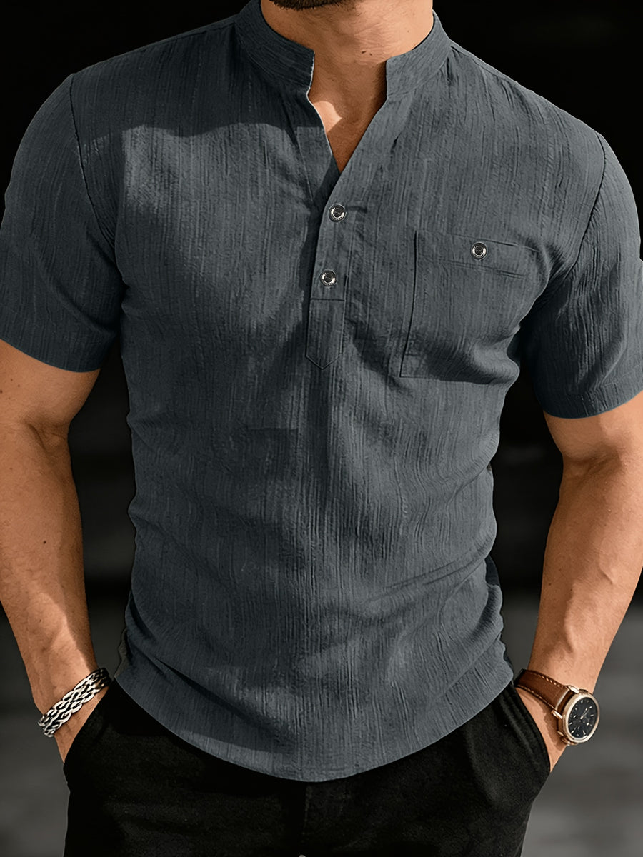 Henley Shirt Men's High-Quality Summer Short-Sleeve Henley T-Shirt - Men's Top, Old Money Style, Suitable for Golf Attire, Outdoor Camping, Fishing, and Daily Casual Wear - Dark Gray