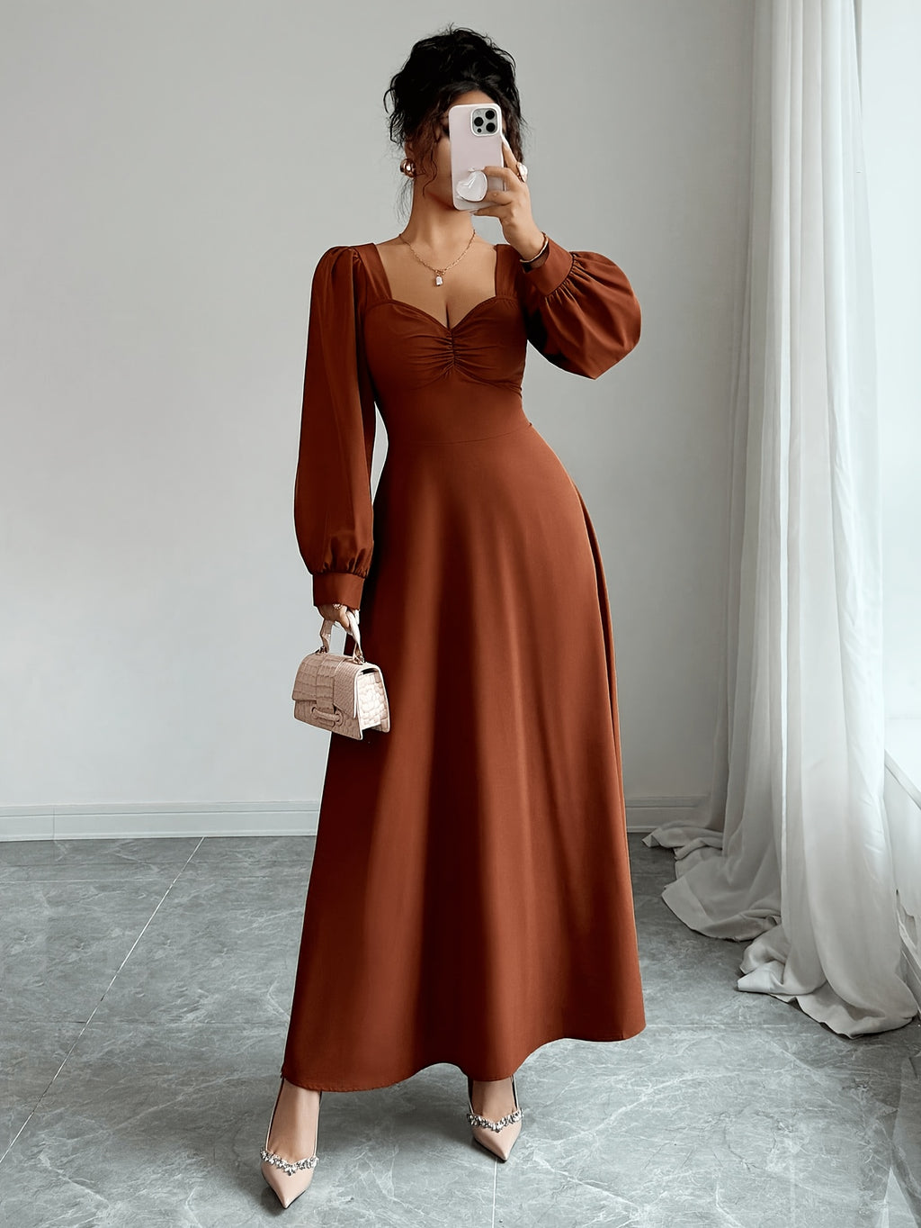 Solid Color Sweetheart Neckline Ruffled Long Dress, Lantern Puff Sleeve Waist-Cinching Flowing A-Line Women'S Dress, Suitable for Wedding Guests, Evening Parties, Office Commute, Dinner Dates, And Casual Outings - Light Brown-1