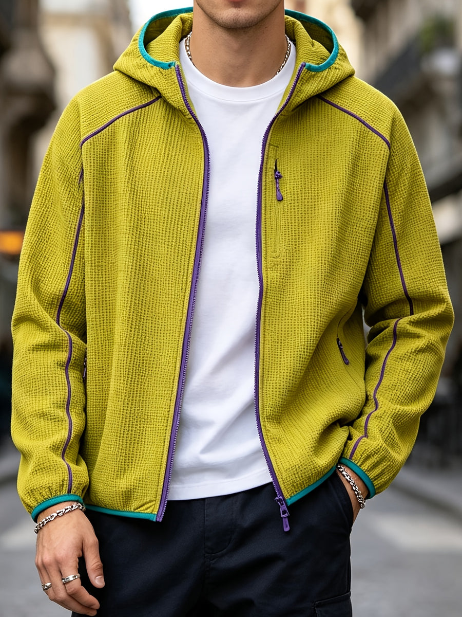 2026 New Men's Waffle Knit Textured Sport Jacket, Spring/Autumn Lightweight Hooded Outerwear, Suitable for Sports & Fitness, Outdoor Activities, Daily Home Wear, and Casual Outings - ginger-colored