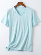 Men's Short Sleeve V-Neck T-Shirt - Breathable Summer Casual Solid Color Round Suitable for Hot Weather, Machine Washable V-Neck Top with Short Sleeves, Non- Fabric for Casual Attire, Office & Layering (No Transparency)，Fashion Trends Wear - Sky Blue