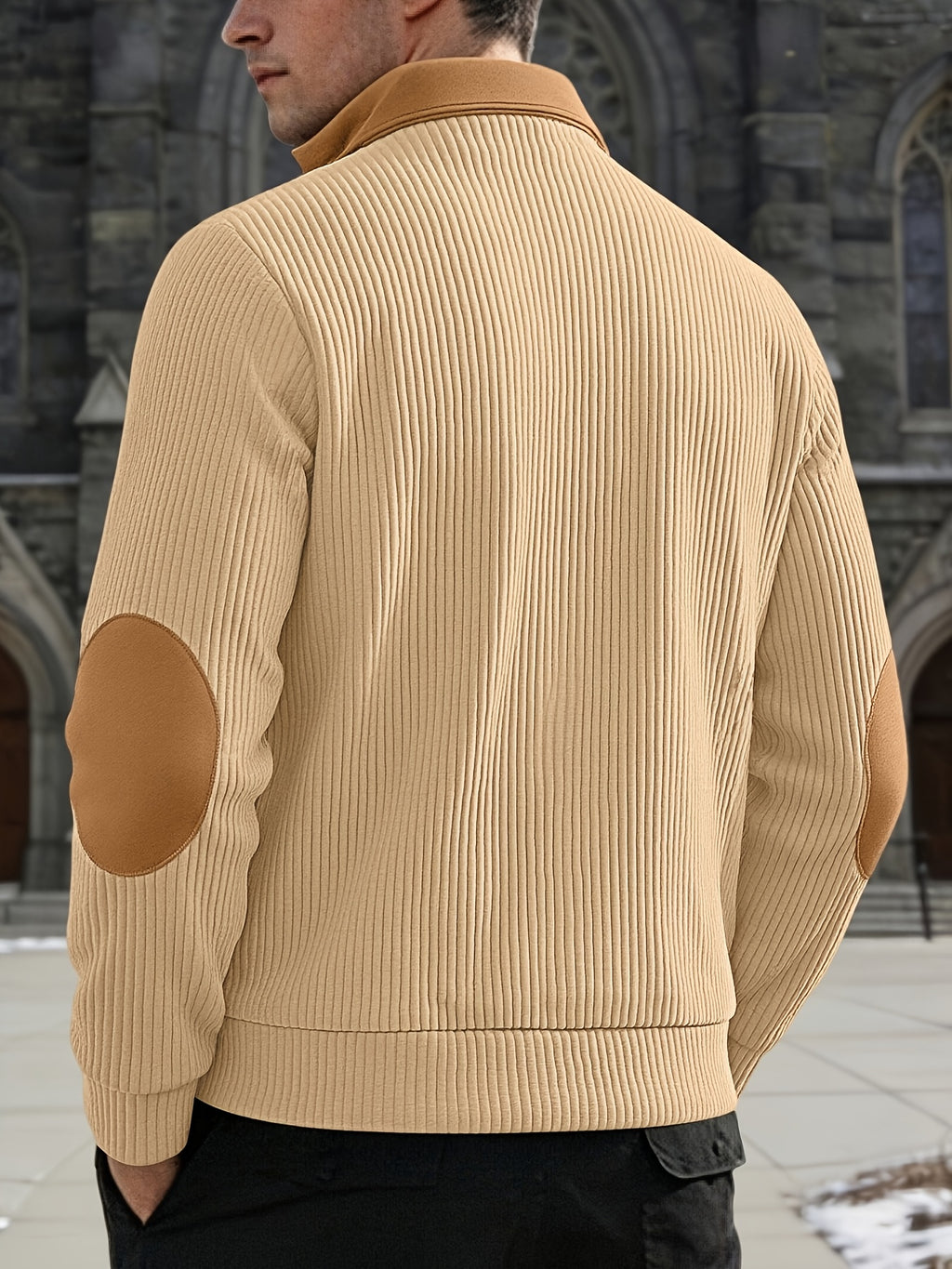 Light Luxury Color-Block Patchwork Half-Zip Lapel Sweater, Men'S Pinstripe Stretch Long Sleeve Casual Commuter Top - Khaki