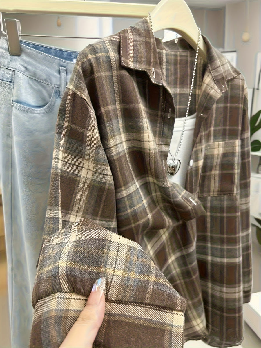 Women's plaid shirt spring and autumn jacket loose lazy style new Korean version versatile casual top spring and autumn thin version petite American retro Hong Kong style vacation commuting essential - Coffee Color Grid