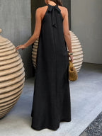 Ancient City Bohemian Style Dress, Vacation Style, Ribbed Neckline, Suitable for Spring Summer, Beach Dress, Women'S Long Summer Dress Clothing - Black