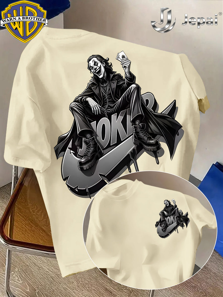 Warner Exclusive, Vintage Street Style DC Joker Themed Print Men's Summer Basic Daily Casual Short-Sleeve Top, Casual Crew Neck Shirt, Suitable for Outdoor Wear, Fitness, Office, and Daily Outfits, an Essential Item for Men's Basic Wardrobe - Apricot