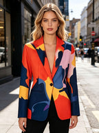 Women'S New Irregular Color Block Patchwork Printed Jacket, Single Button Closure with Lining And Pockets, Fashionable Elegant Commute Outerwear, Casual Gatherings, Street Style, Daily Wear Blazer, Suitable for Spring And Autumn - Mixed colors