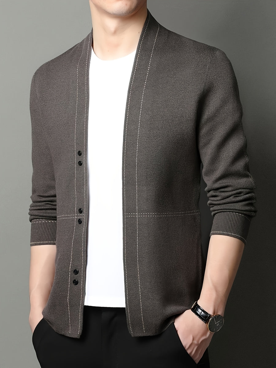 Xingmengzhi OBM 2025 Spring/Autumn New Striped Sweater Coat with Wool Long Sleeve Cardigan for Men, Business Casual Knitwear - Coffee Color