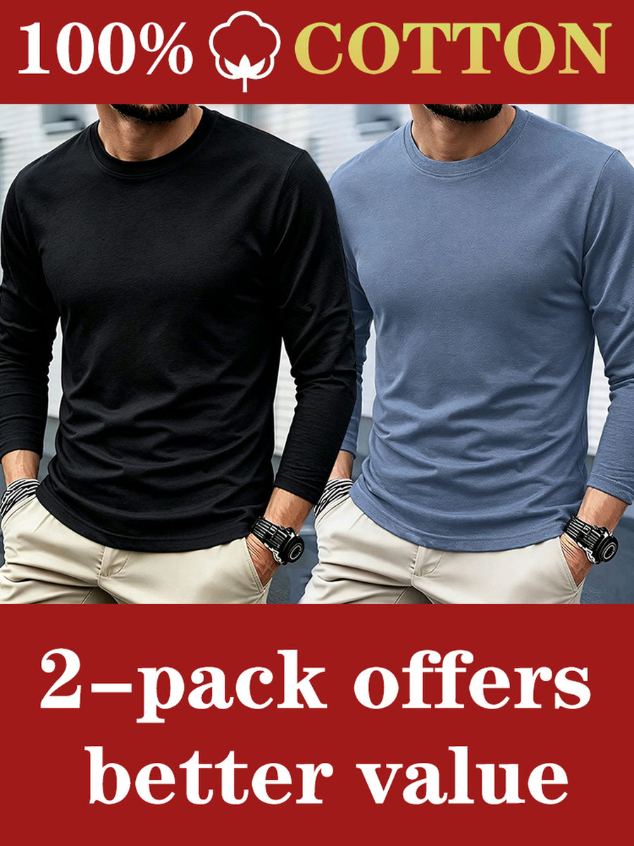 2pcs - 100% Men's Long Sleeve T-Shirt, Fabric, Comfortable and Breathable, Suitable for All Seasons, Essential for Casual Outings, Machine Washable - Combination Color 2