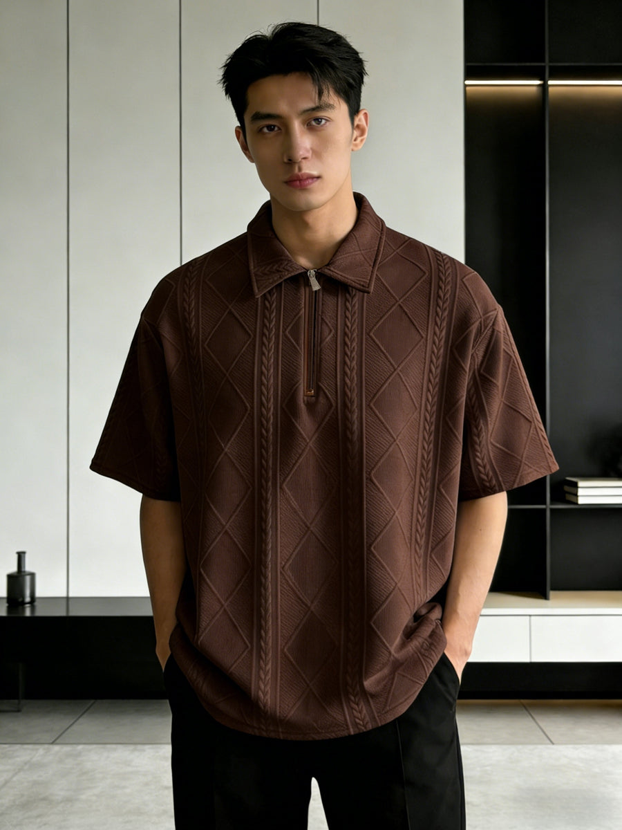 Men'S Summer New Premium Loose Short Sleeve Half-Zip Collar Polo Shirt Jacquard Short Sleeve T-Shirt - Coffee Brown