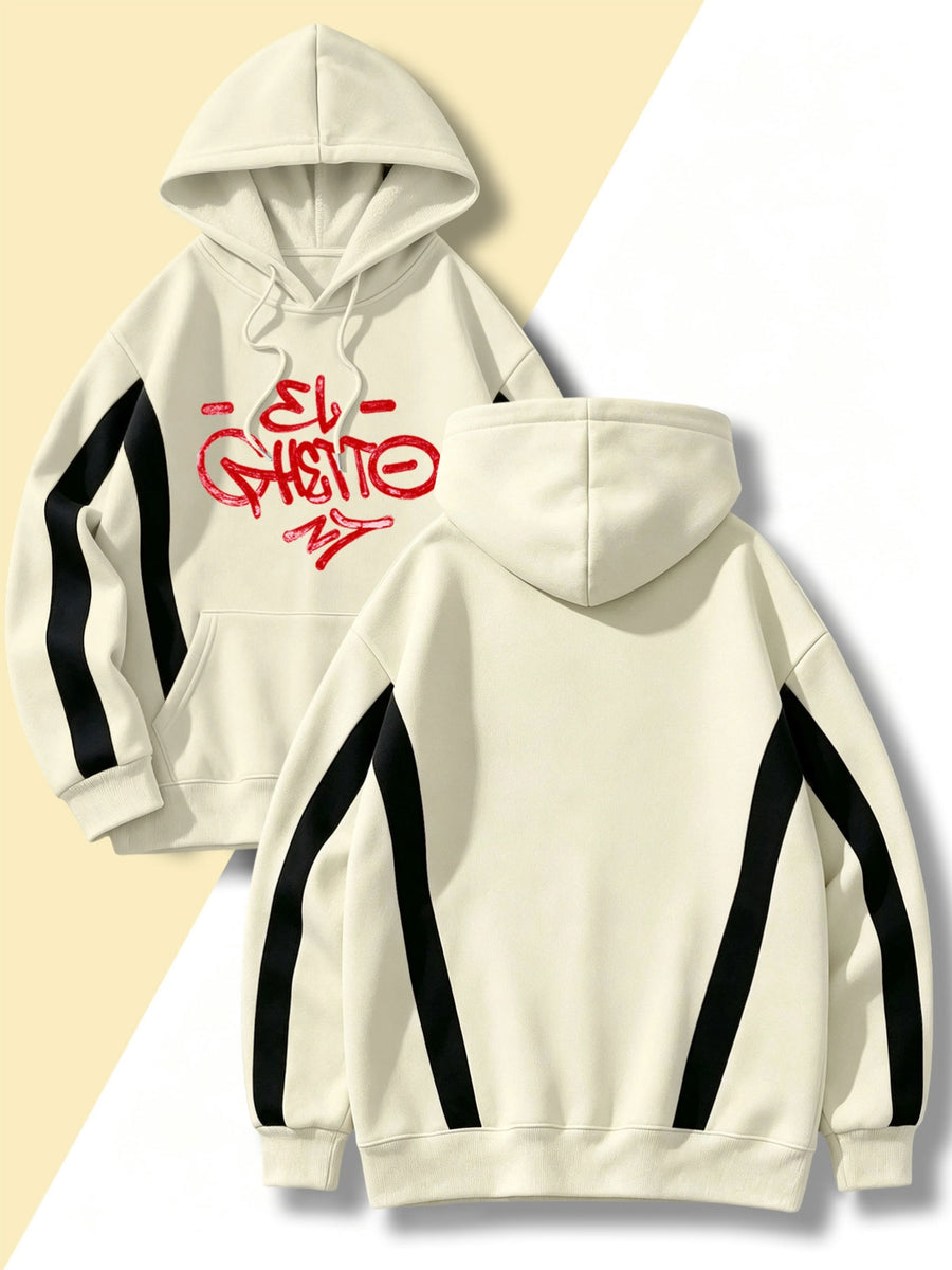 4pcs Set: Autumn/Winter Men's Pullover Hooded Sweatshirt with Diagonal Contrast Color Line Cut on Sleeves, Street Style Top. Features Adjustable Drawstring and Large Kangaroo Pocket for Storing Phones and Small Items. Made of Skin-Friendly - Apricot + Navy Blue + Gray + Black