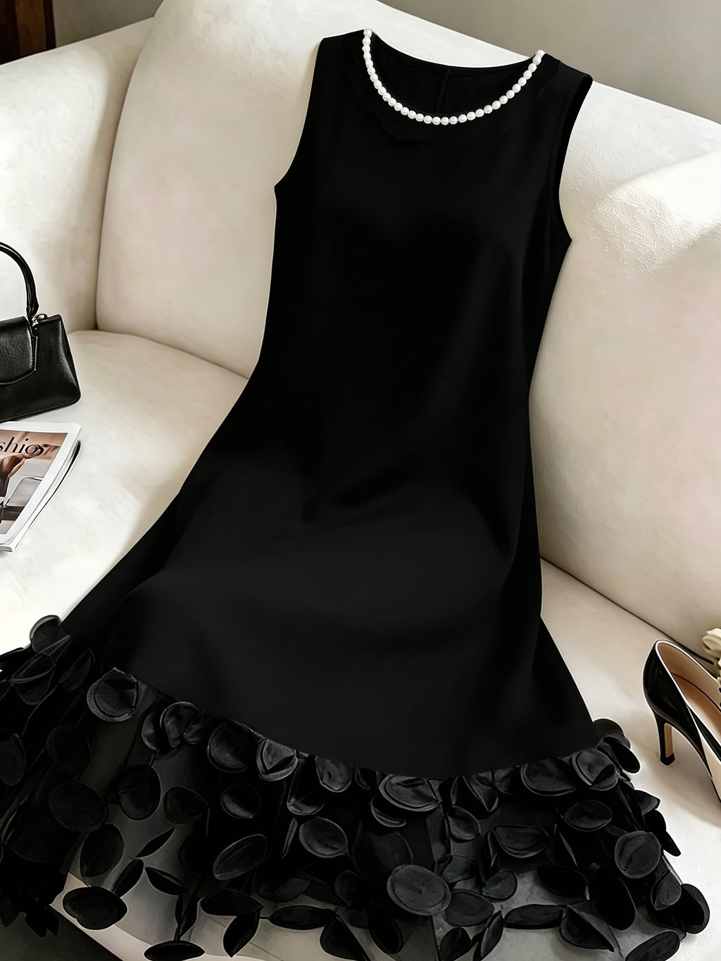 Fashion Solid Color Versatile Round Neck Elegant Women'S Dress, with 3D Patchwork Hem And Beaded Neckline, Summer New Style, Suitable for Elegant Daily Wear, Social Gatherings, Commuting, Outings, Vacations, And More - Black