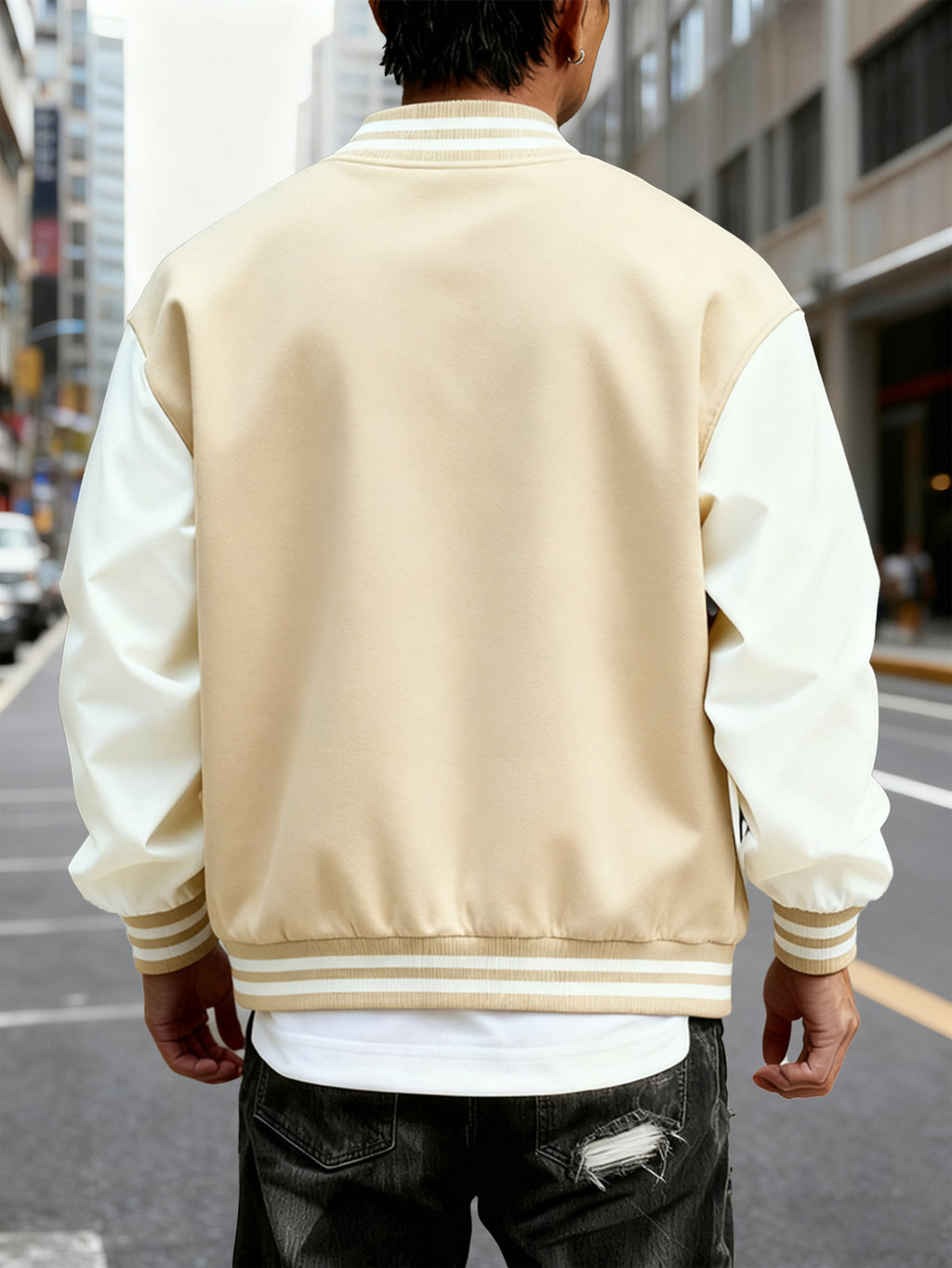 Men's Trendy Baseball Jacket with New York Style NY Letter Graphic Design - Contrast Sleeve Color Block Style - Button Closure with Stretchable Fabric, Versatile and Comfortable Jacket for All Seasons - Suitable for Outdoor Travel, Sports, and Friend - Khaki