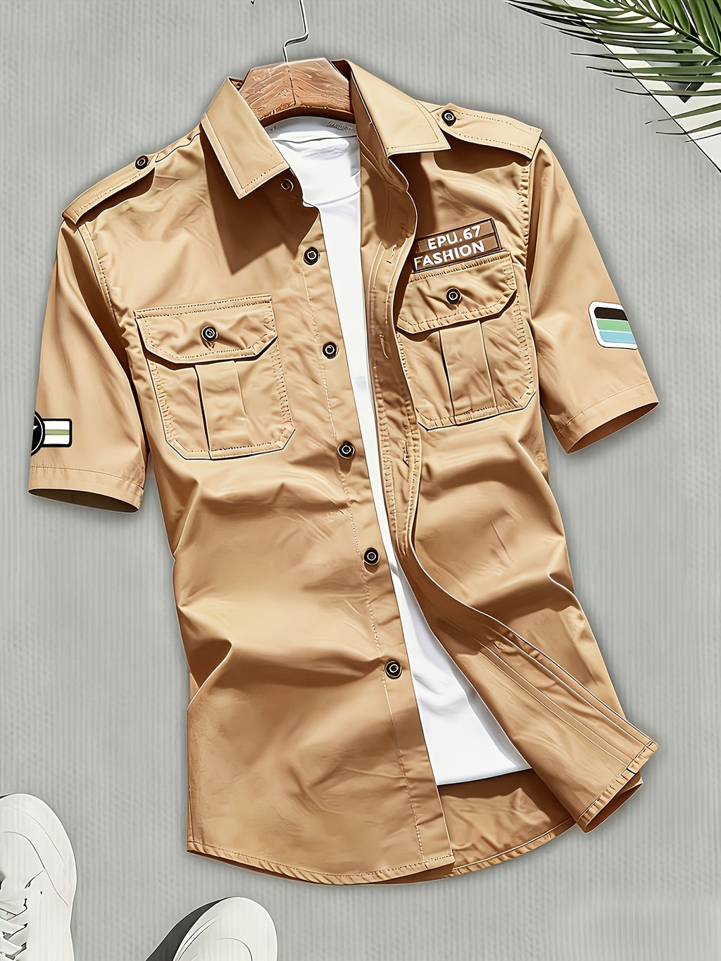 [Uomo Le Mi OBM] Men'S Fashion Casual Short Sleeve Shirt, Suitable for Summer, Daily Outings, And Parties - Khaki