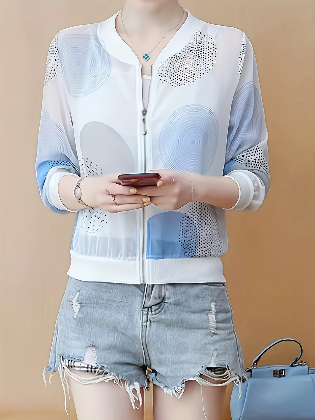 Summer Lightweight Geometric Polka Dot Print Cropped Jacket, Loose Fit, Breathable, Casual Outerwear - Mixed colors
