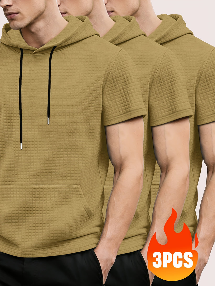 3pcs Men's Waffle Knit Short Sleeve Hoodie with Kangaroo Pocket, Soft and Breathable Fabric, Multiple Color Options, Versatile for Daily Wear, Simple and Stylish Casual Sportswear, Suitable as Matching Family Outfits, Great Choice for Gifts - Khaki+khaki+khaki