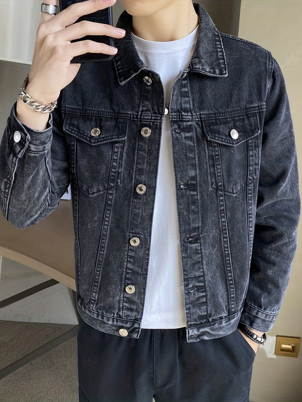 Men's Denim Jacket, New Spring/Autumn Collection, Black/Gray, Long Sleeve, Lapel Collar, Youth Regular Fit, Fashionable and Trendy High-End Brand Top Jacket, Street Style - Dark Gray