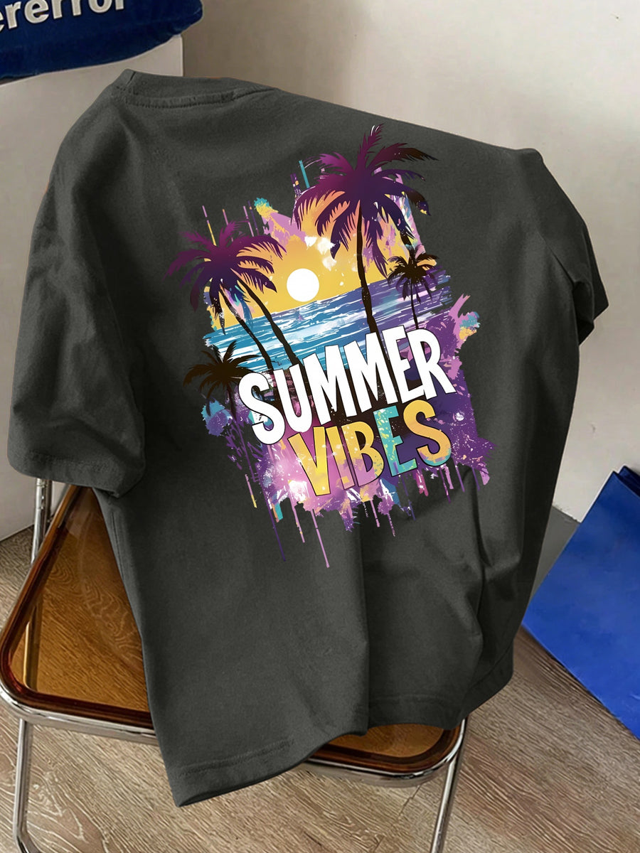 Men's New Pure Cotton Crew Neck Short Sleeve T-Shirt with Summer Vibe Palm Tree Sunset Print, Suitable for Vacation, Leisure, Comfortable, Soft, Breathable, Summer Essential - Dark Gray