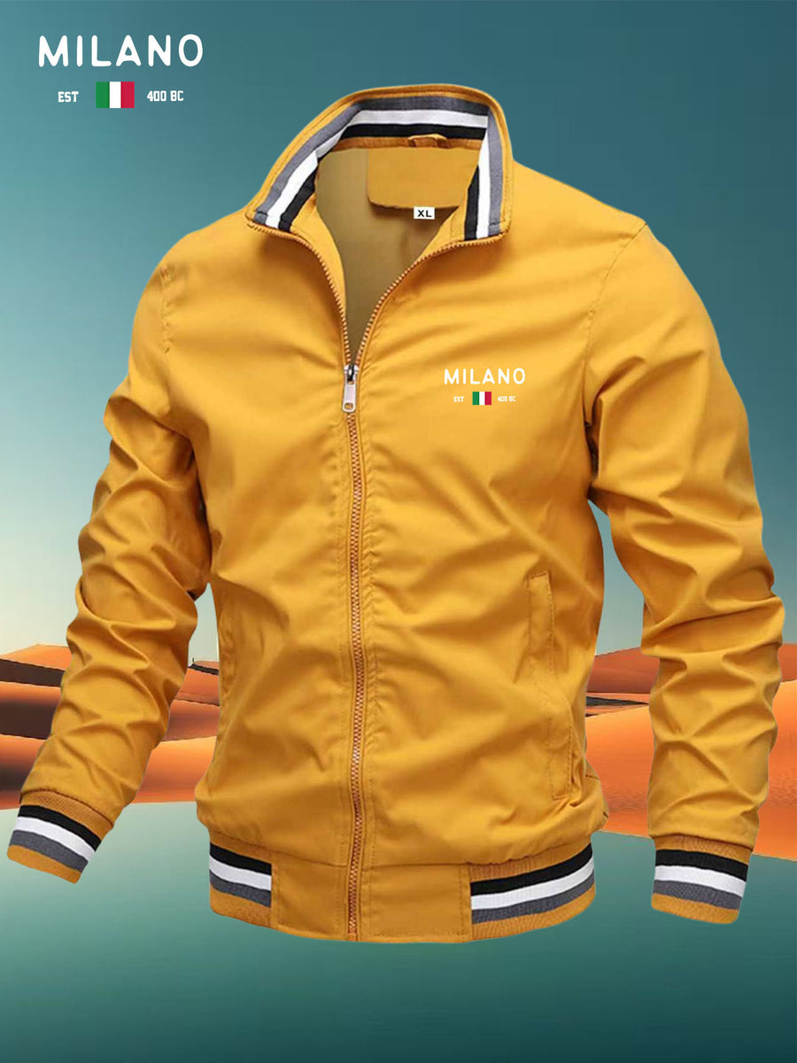 Men'S Versatile Casual Milan Element Stand-Up Collar Baseball Jacket, Contrast Ribbed Design, Windproof And Stiff, Spring Autumn Daily Commute Casual Versatile Top - ginger-colored
