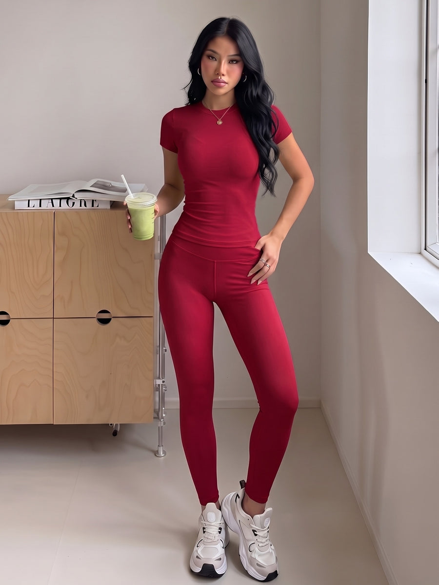 Round Neck Short Sleeve High-Waist Butt-Lifting Pants Set, Stretchy Nude-Feel Skin-Friendly 2pcs Set, Quick-Drying Breathable Wear, Tummy Control Peach Butt Training Outfit, Versatile Wearable Outer Casual Swear. 4-Way Stretch with Zero Restriction - Red