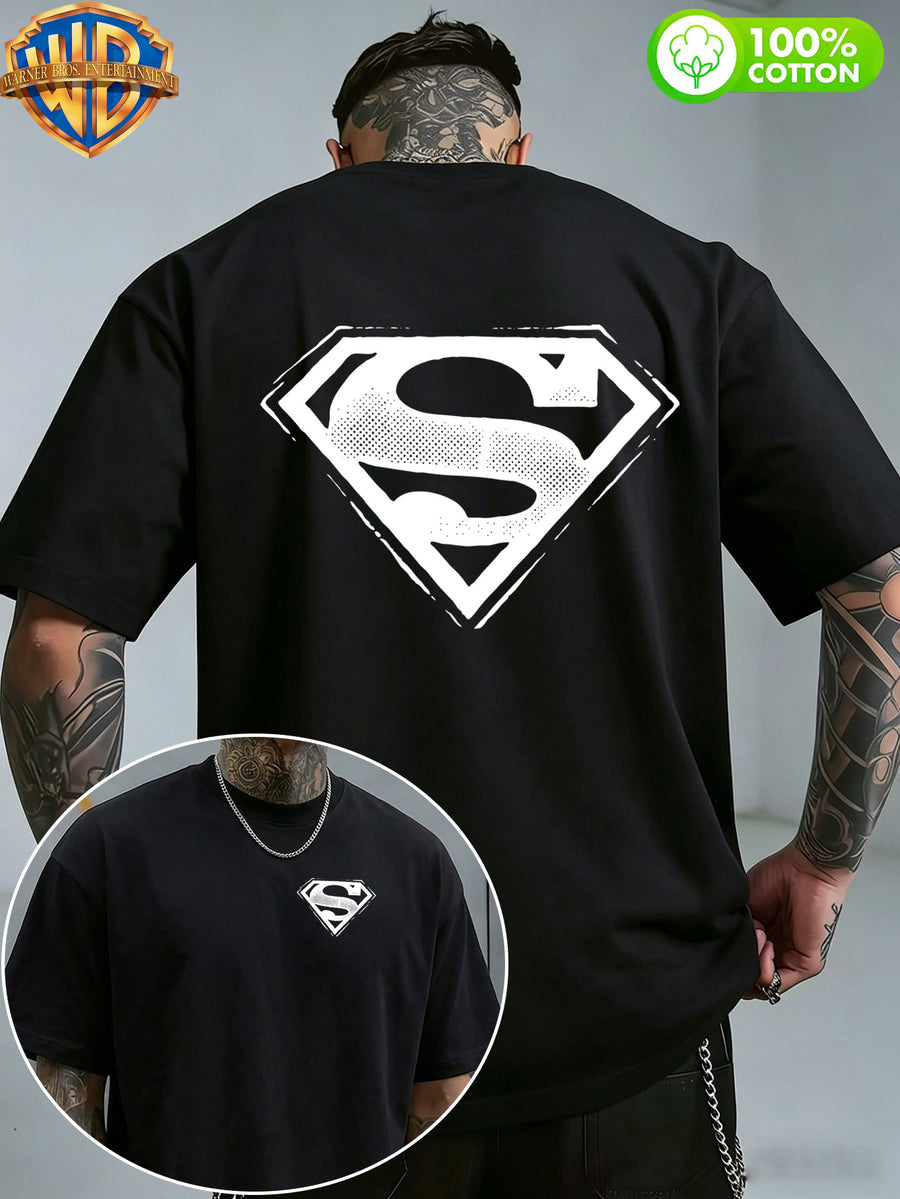 1pc WB Warner Bros. Official DC Superman Icon T-Shirt - Men's & Unisex Vintage Print, 100% Cotton Loose Fit Short Sleeve Tee with Superman, Casual Round Neck Shirt Suitable for Gym, Office, Daily Wear - Father's Day Gift for - Black