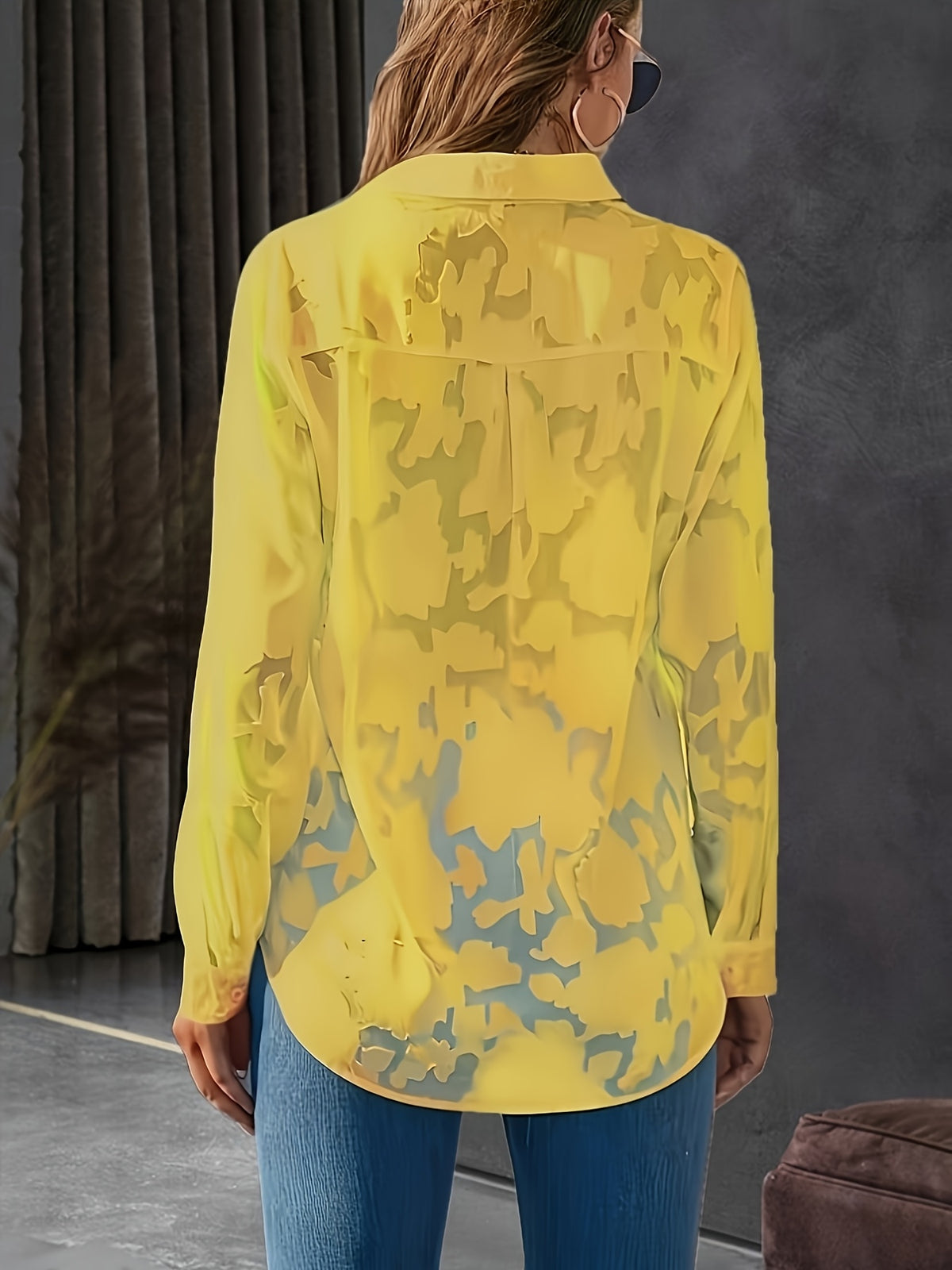 Elegant Women's Blouse, Long-sleeve Jacquard Top, 100% Polyester Solid Color, Button Details, Fabric, Suitable for Spring, Summer, and Autumn - Lemon Yellow