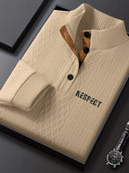 Men'S New Jacquard Top Features a Textured Classic Stand-Up Collar That Enhances The Neck Line, with a Half-Button Placket That Continues The Vintage Henley Shirt Style, Complemented by Patchwork, Making It a Fashionable Knitwear - Apricot