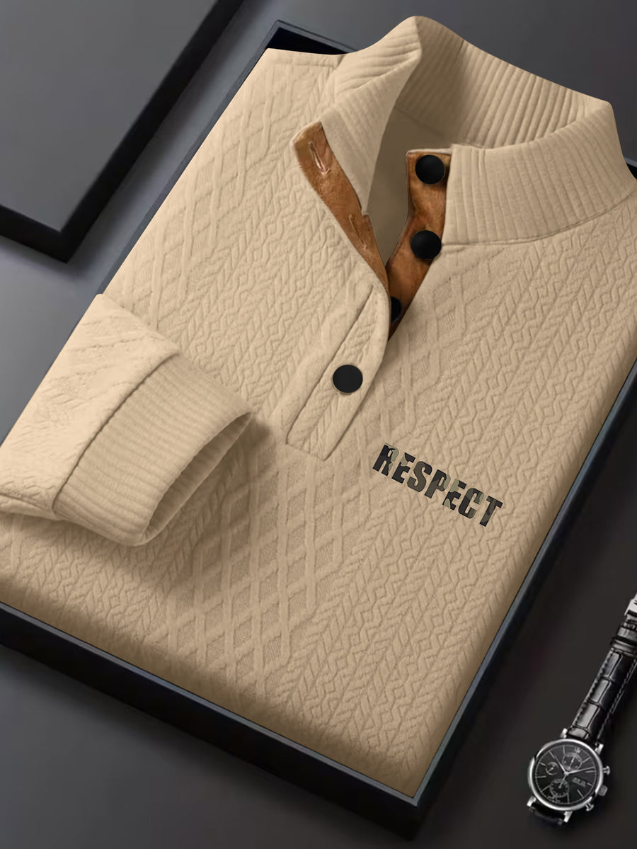 Men'S New Jacquard Top Features a Textured Classic Stand-Up Collar That Enhances The Neck Line, with a Half-Button Placket That Continues The Vintage Henley Shirt Style, Complemented by Patchwork, Making It a Fashionable Knitwear - Apricot