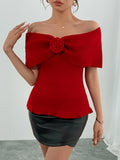 2026 New Style Red Three-Dimensional Rose Off-the-Shoulder Top for Women, Fold-Over Off-Shoulder Slim-Fit Ribbed Slightly Sweet & Sensual Style Cropped Base Layer Shirt - Red