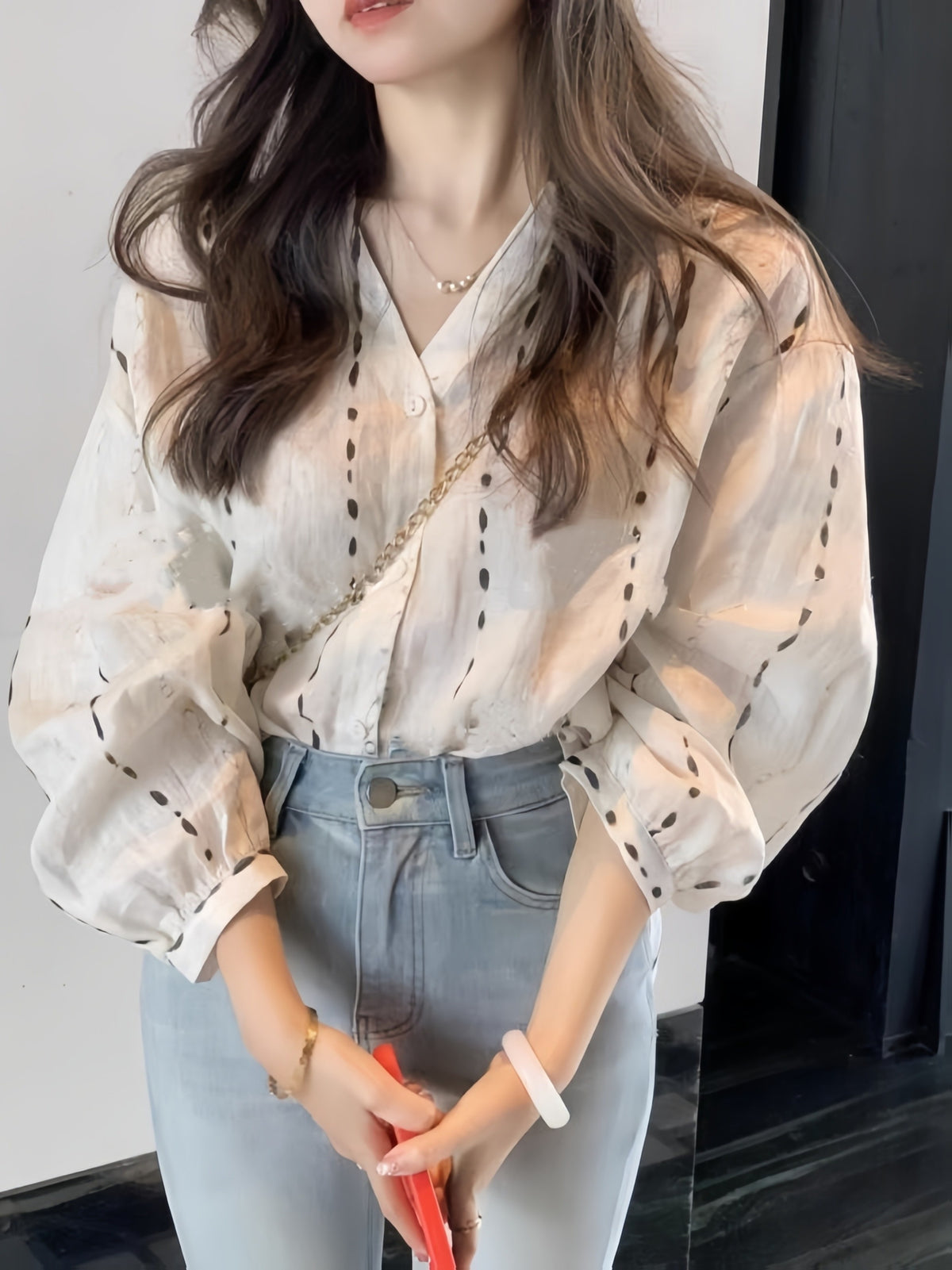 French-Style New Waterdrop Print Shirt for Women, Niche High-End Temperament Loose Long-Sleeve Blouse Top - Apricot